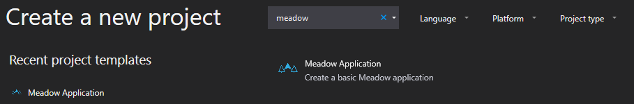 Create Project dialog with Meadow Application option